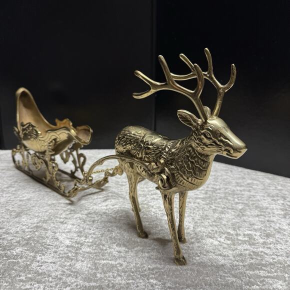 Large 22” Vintage Solid Brass 3 Piece Christmas Reindeer and Sleigh Stunning! - Picture 9 of 16